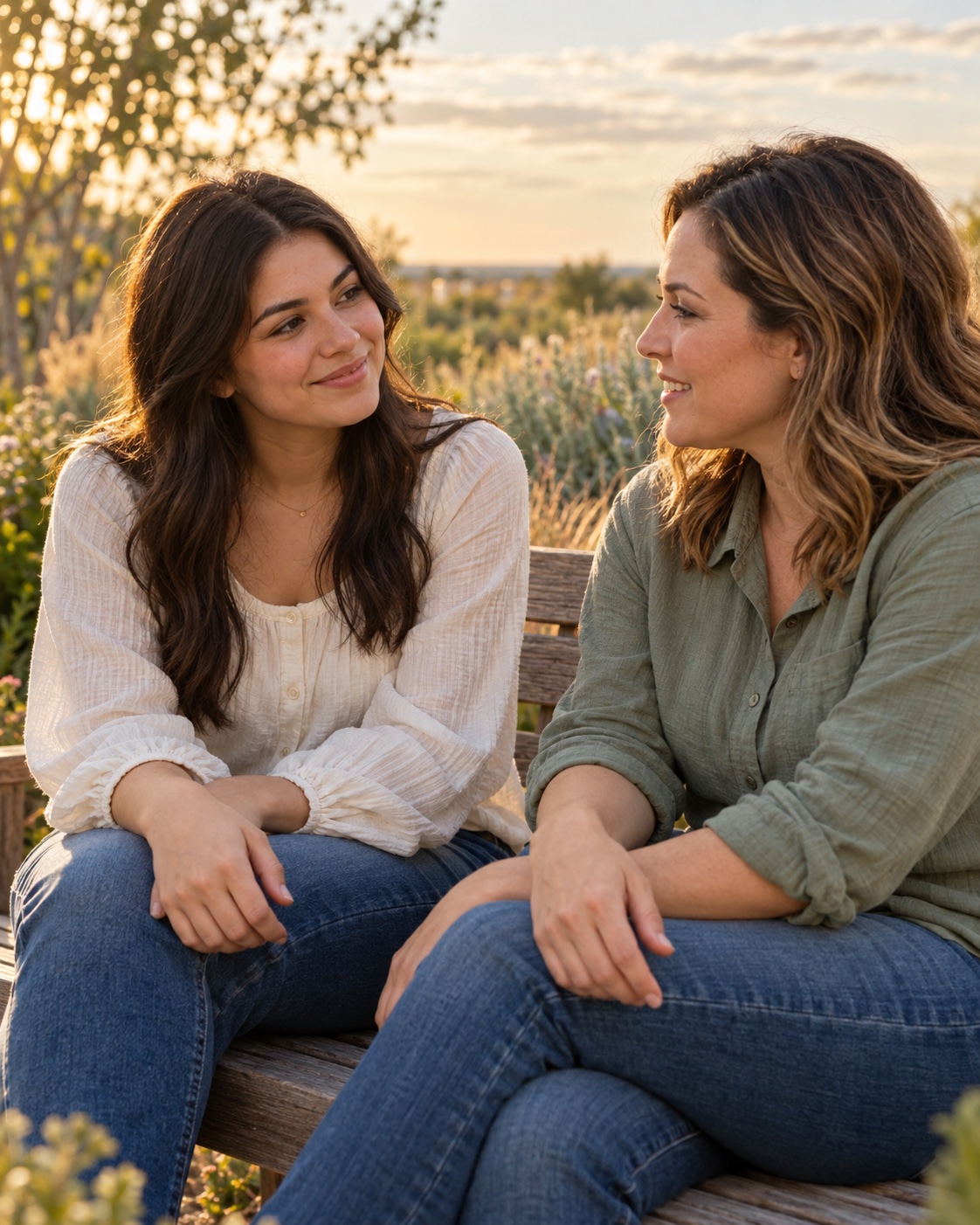 An illustrative scene of two women sharing a warm conversation in a sunlit garden.